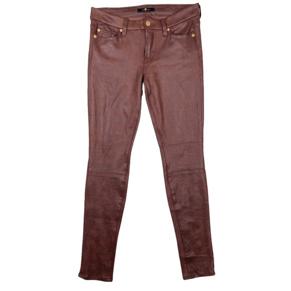 7 For All Mankind Reddish Brown Skinny Stretch Crackled Faux Leather PantSize 26 - Picture 1 of 7